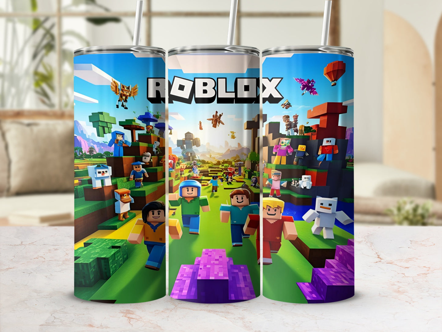 Roblox characters on a colorful tumbler with a digital background.
