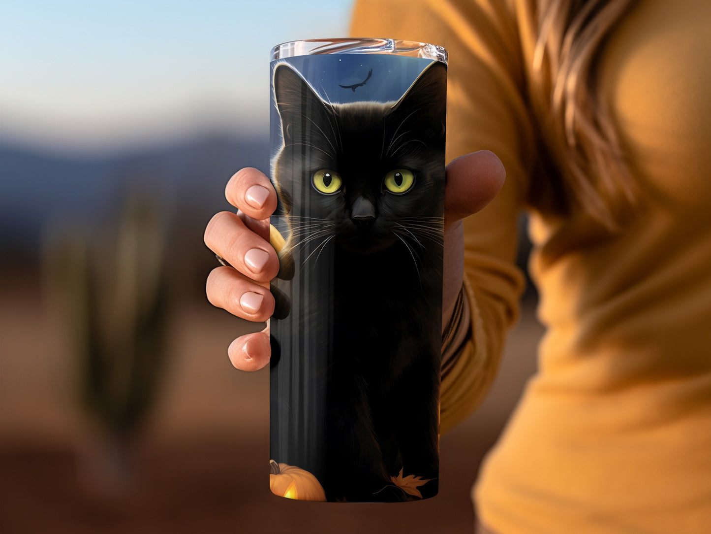 Black Cat with Yellow Eyes Halloween Tumbler