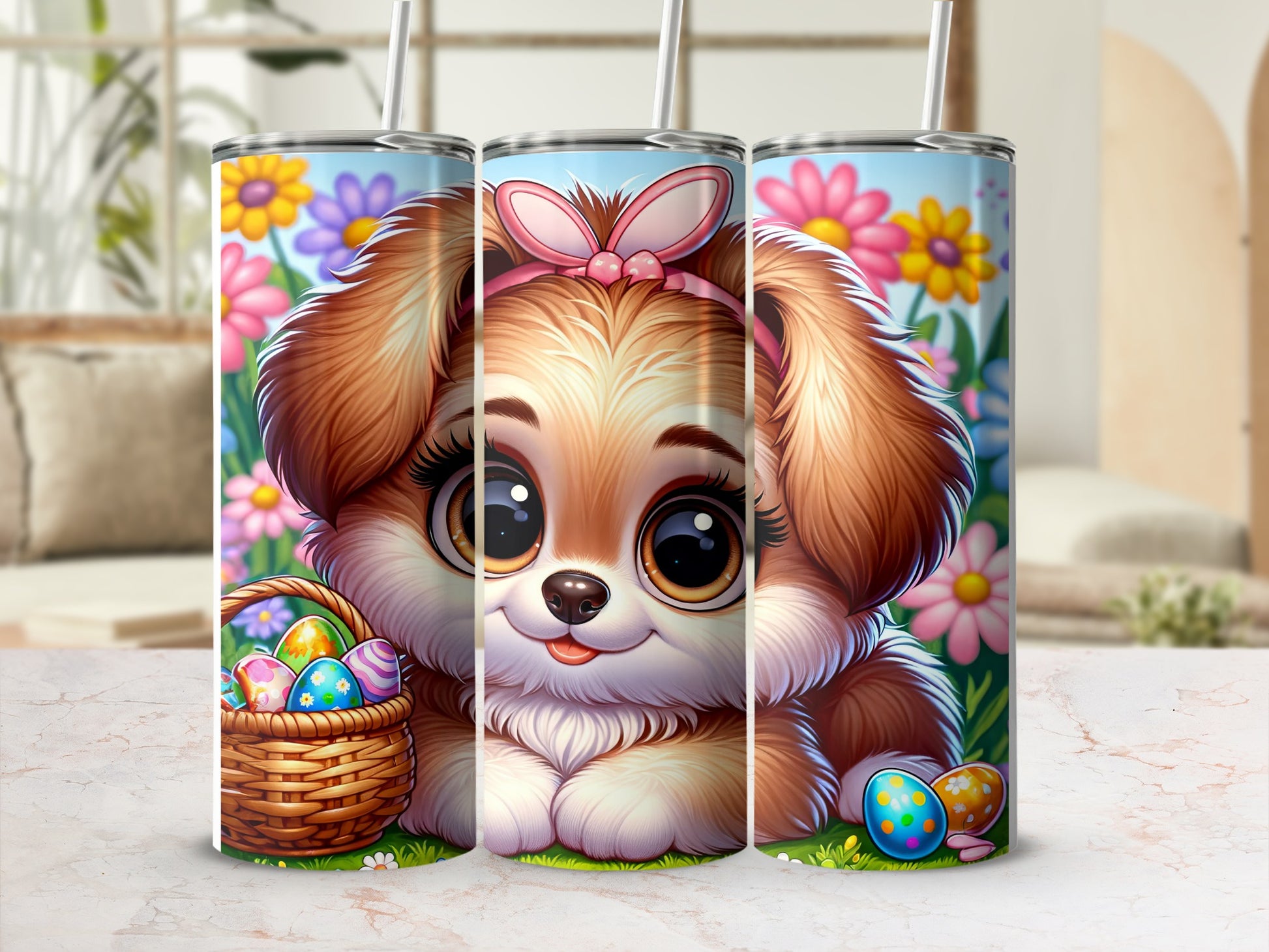 Cute cartoon puppy with pink bow in basket of Easter eggs and flowers.