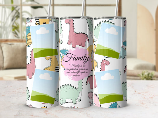 Three tumblers with dinosaur illustrations and framed empty picture spaces.
