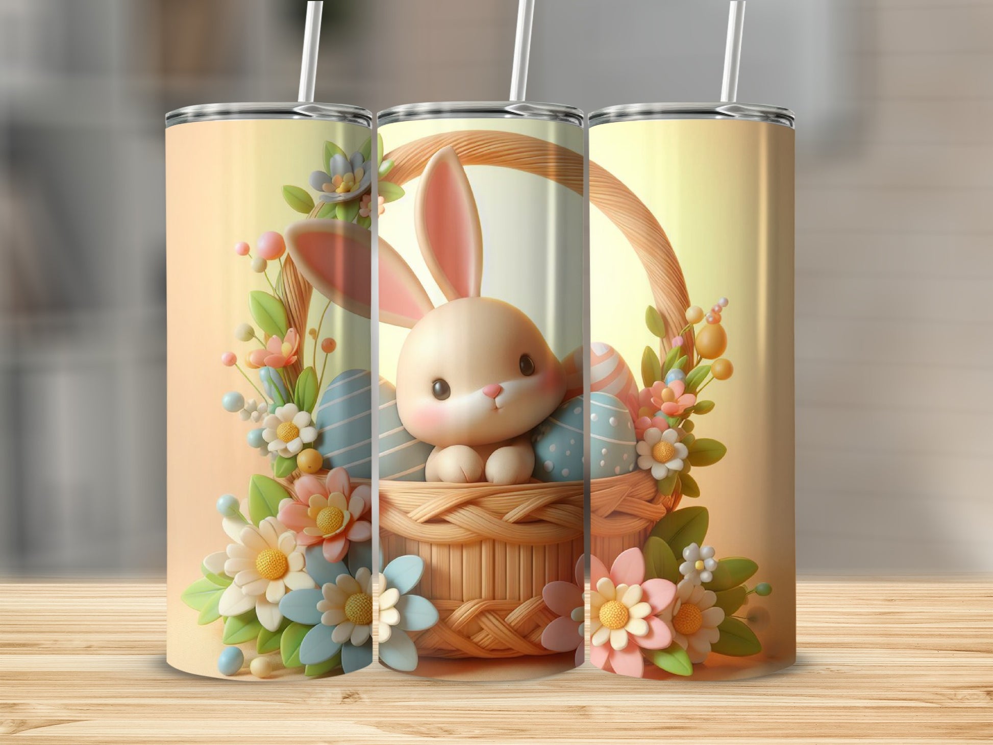 Easter bunny in basket with eggs and flowers on a tumbler.
