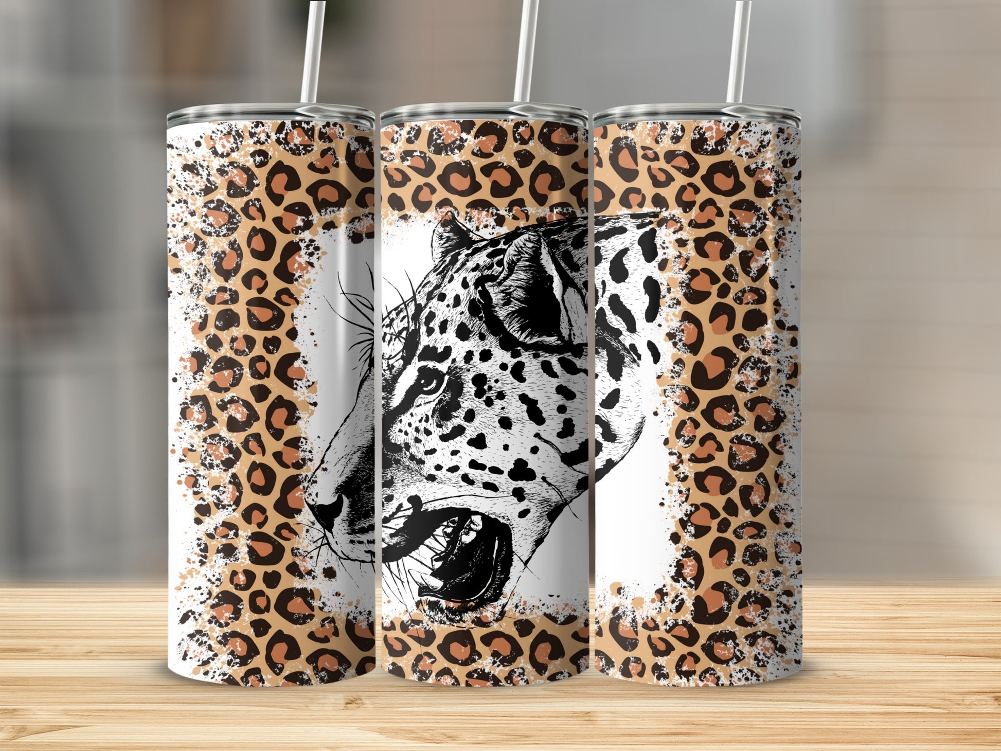Leopard Print Tumbler with Roaring Wildcat Design