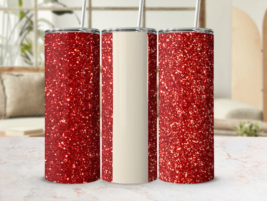 Three glittery red tumblers with cream-colored sections.