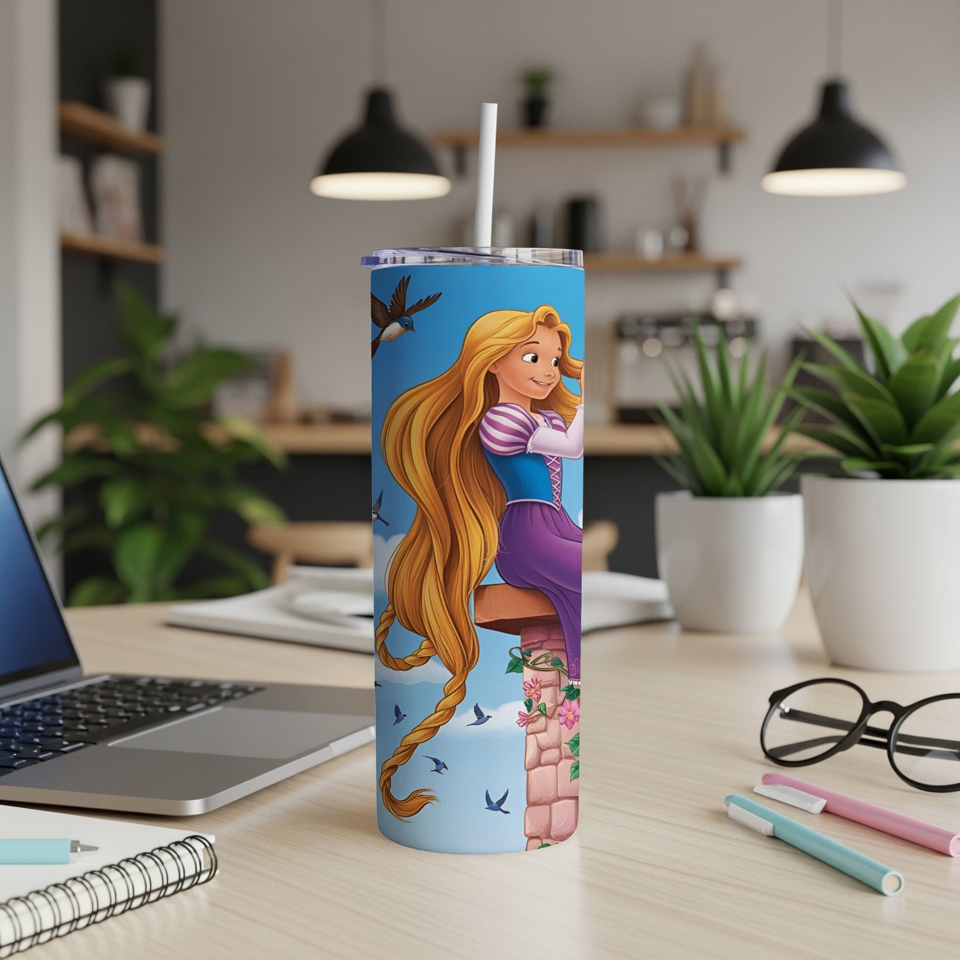 Rapunzel with long blonde hair sitting on a tower.
