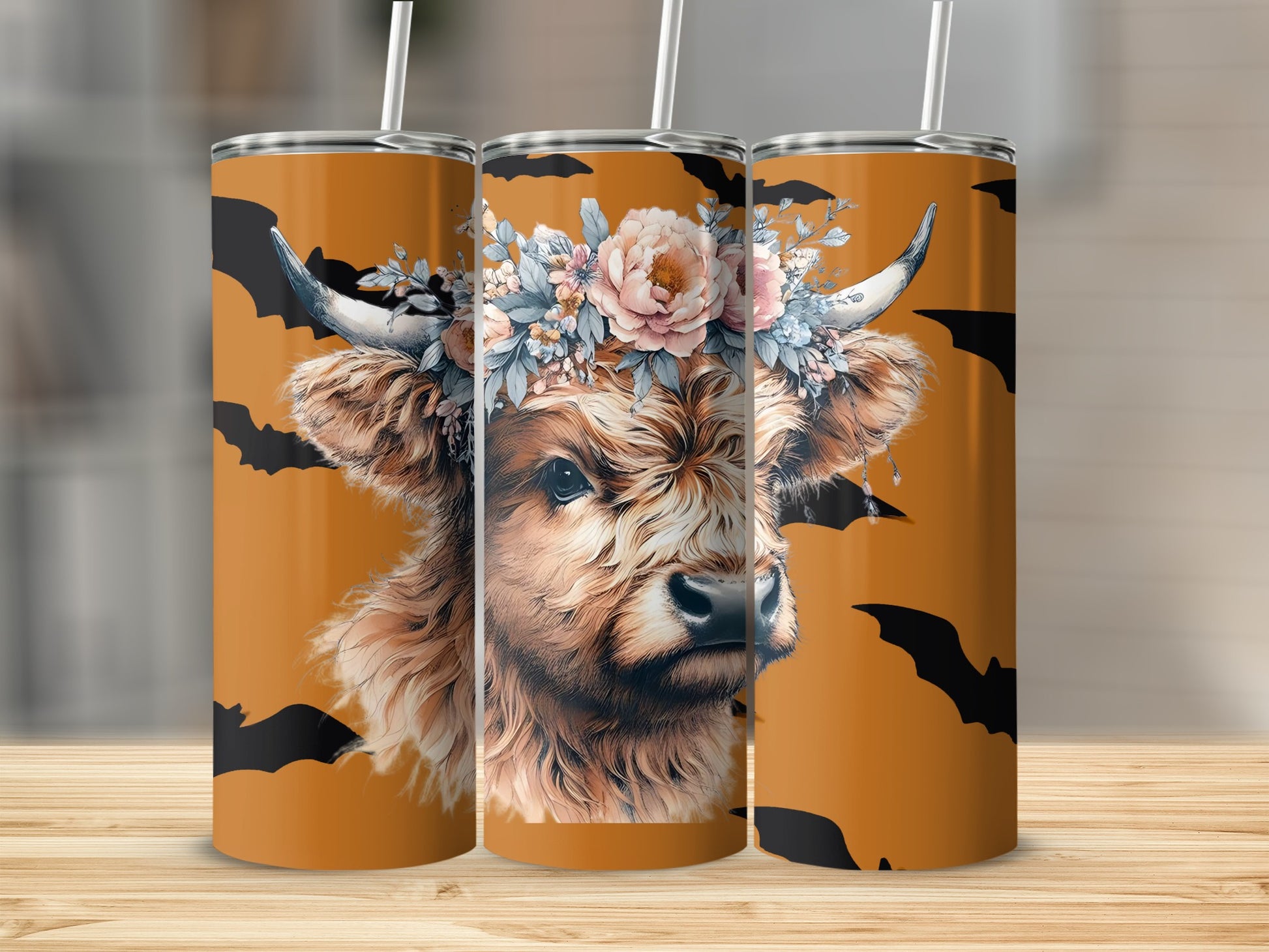 Floral Highland Cow and Bats Stainless Steel Tumbler