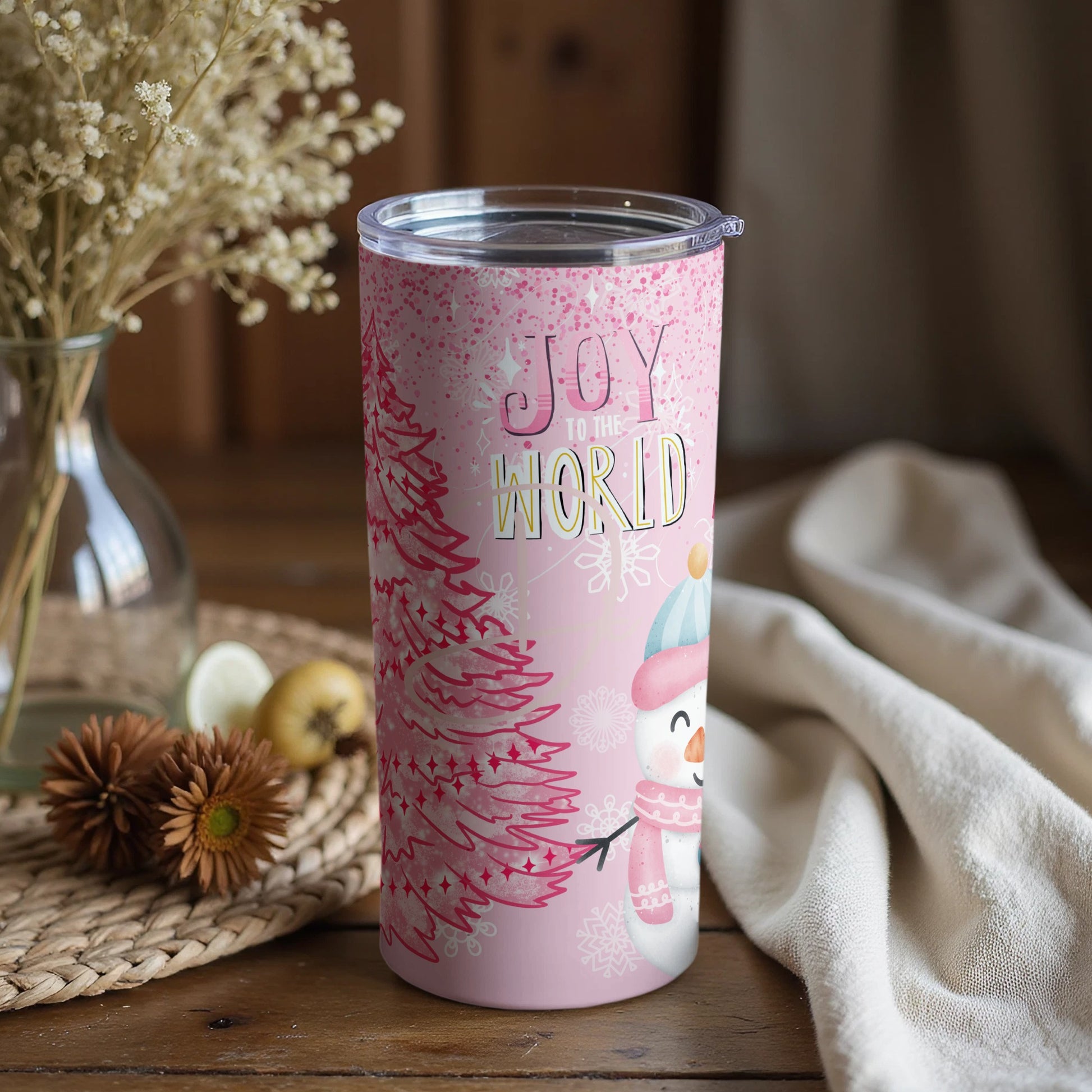 Joy to the World Pink Snowman Pattern Tumbler