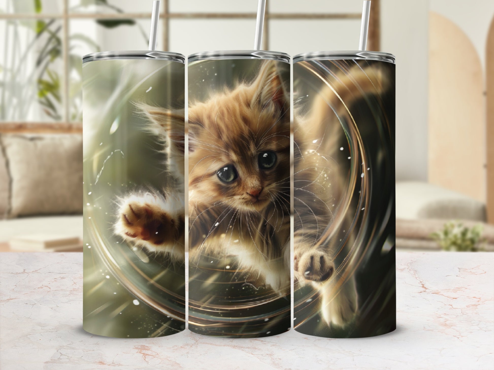 Kitten in motion on a tumbler.