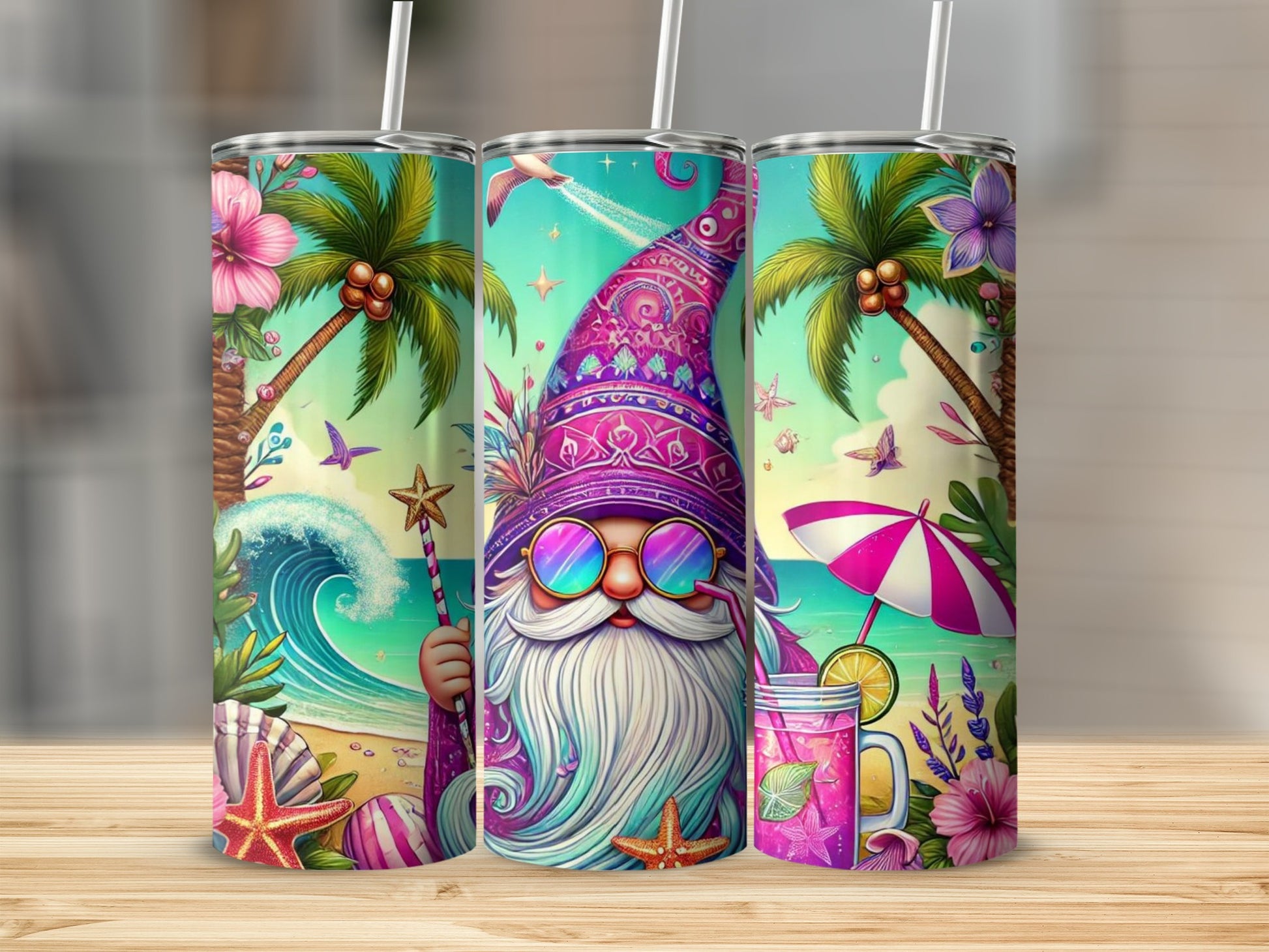 Gnome with sunglasses and beach scene on tumbler.