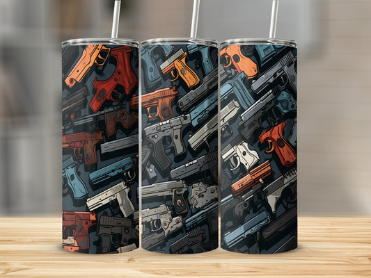 Tumblers with a repeating pattern of various handguns in different colors.