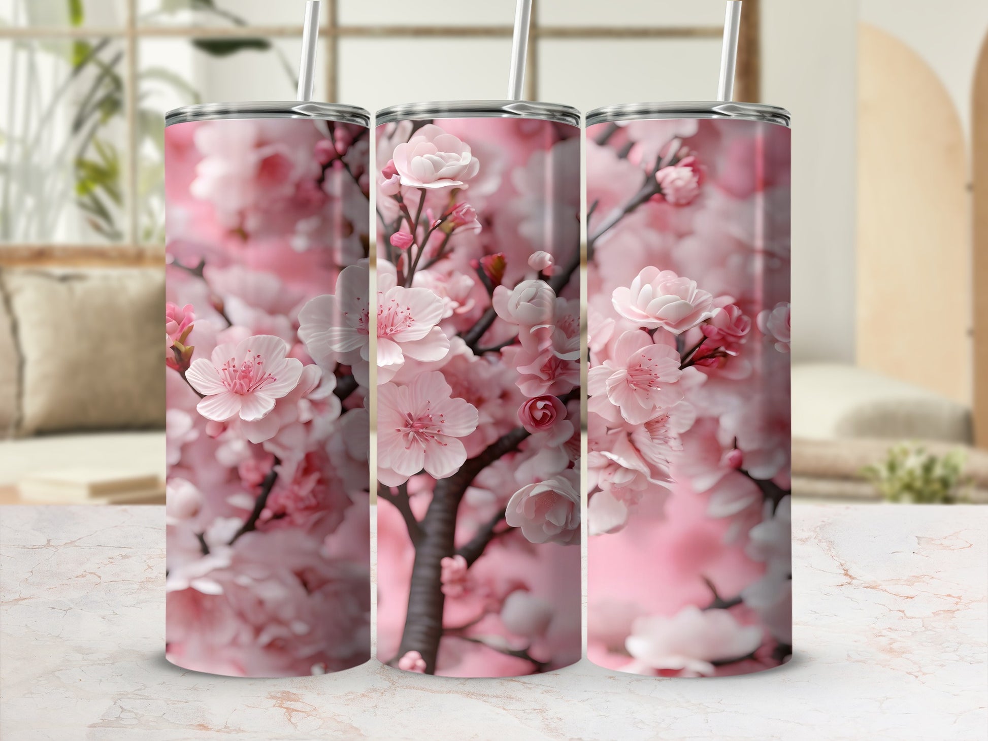 Pink cherry blossom floral design skinny tumbler product type