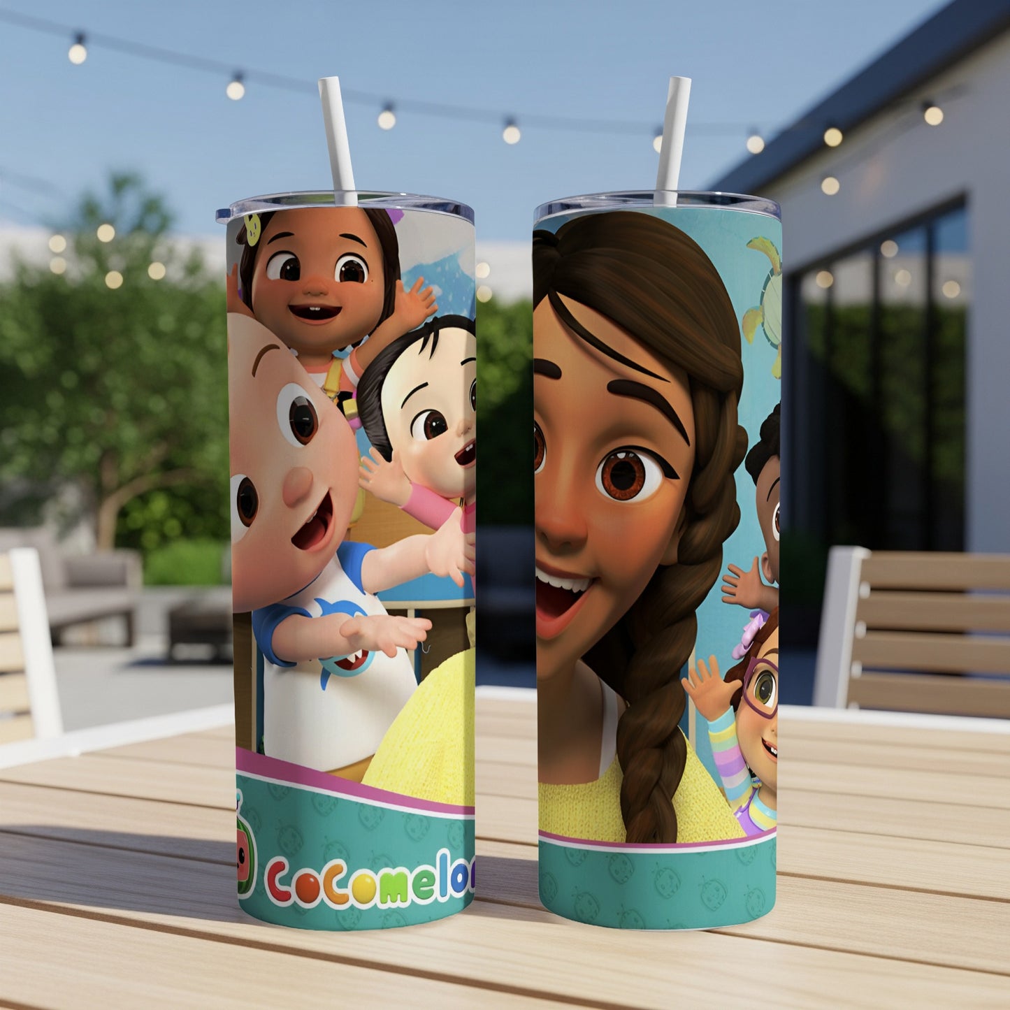 Cocomelon character illustration on two insulated tumblers.