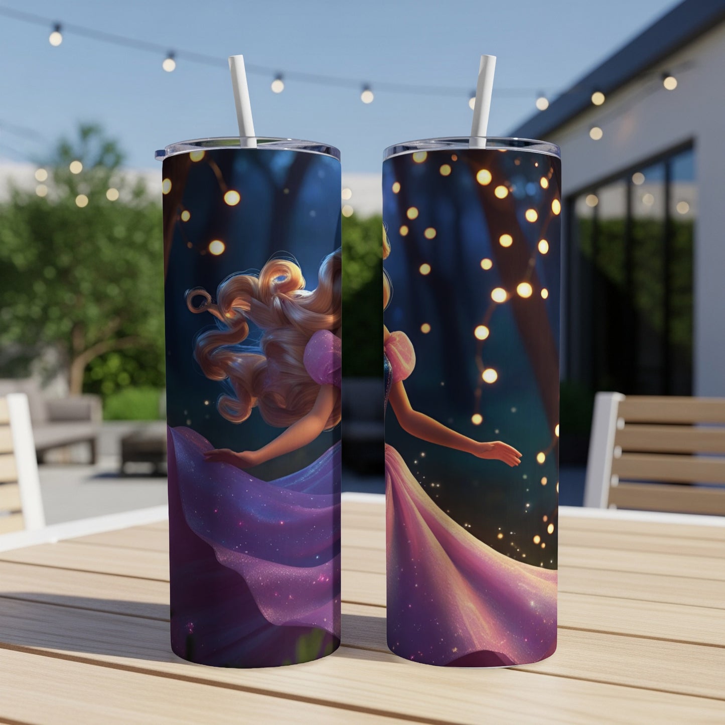 Two tumblers with a fantasy princess in a purple dress against a bokeh forest background.