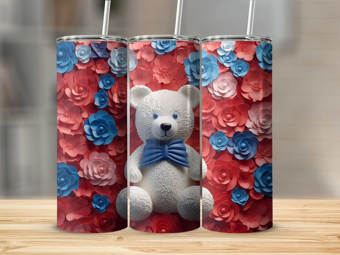 Three tumblers with a white teddy bear and floral pattern.