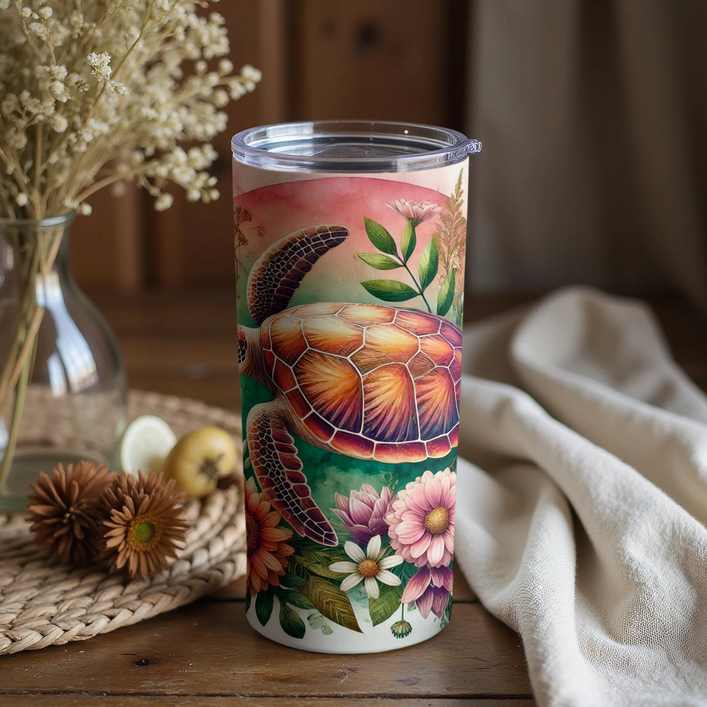 Colorful Turtle and Floral Design Insulated Tumbler