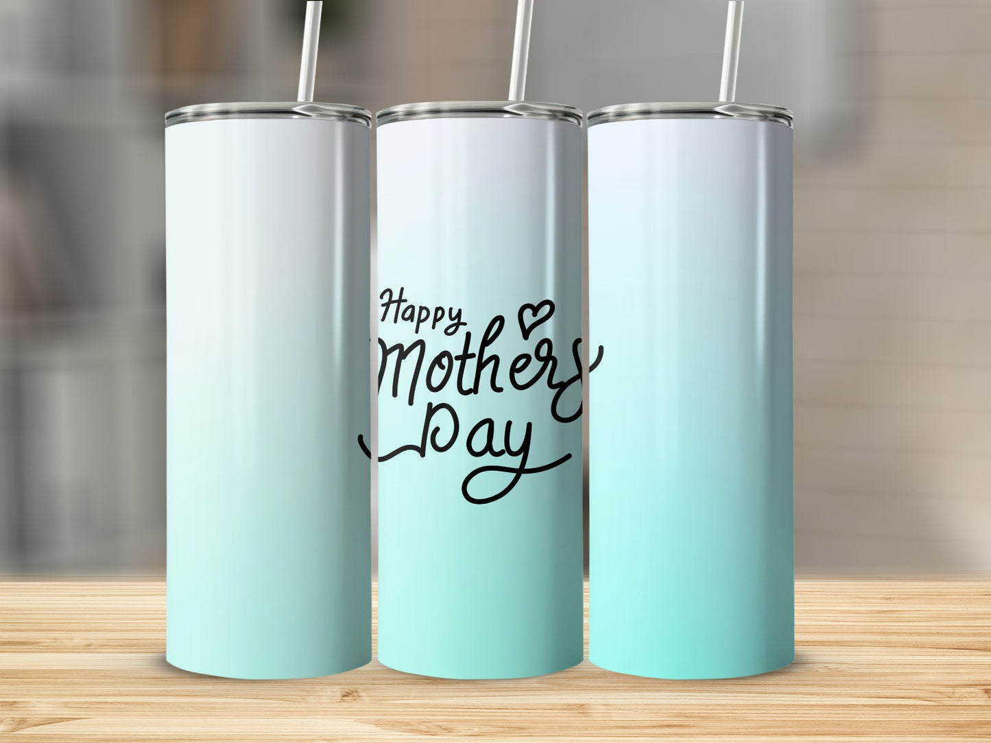 White and teal gradient tumbler with "Happy Mother's Day" text.
