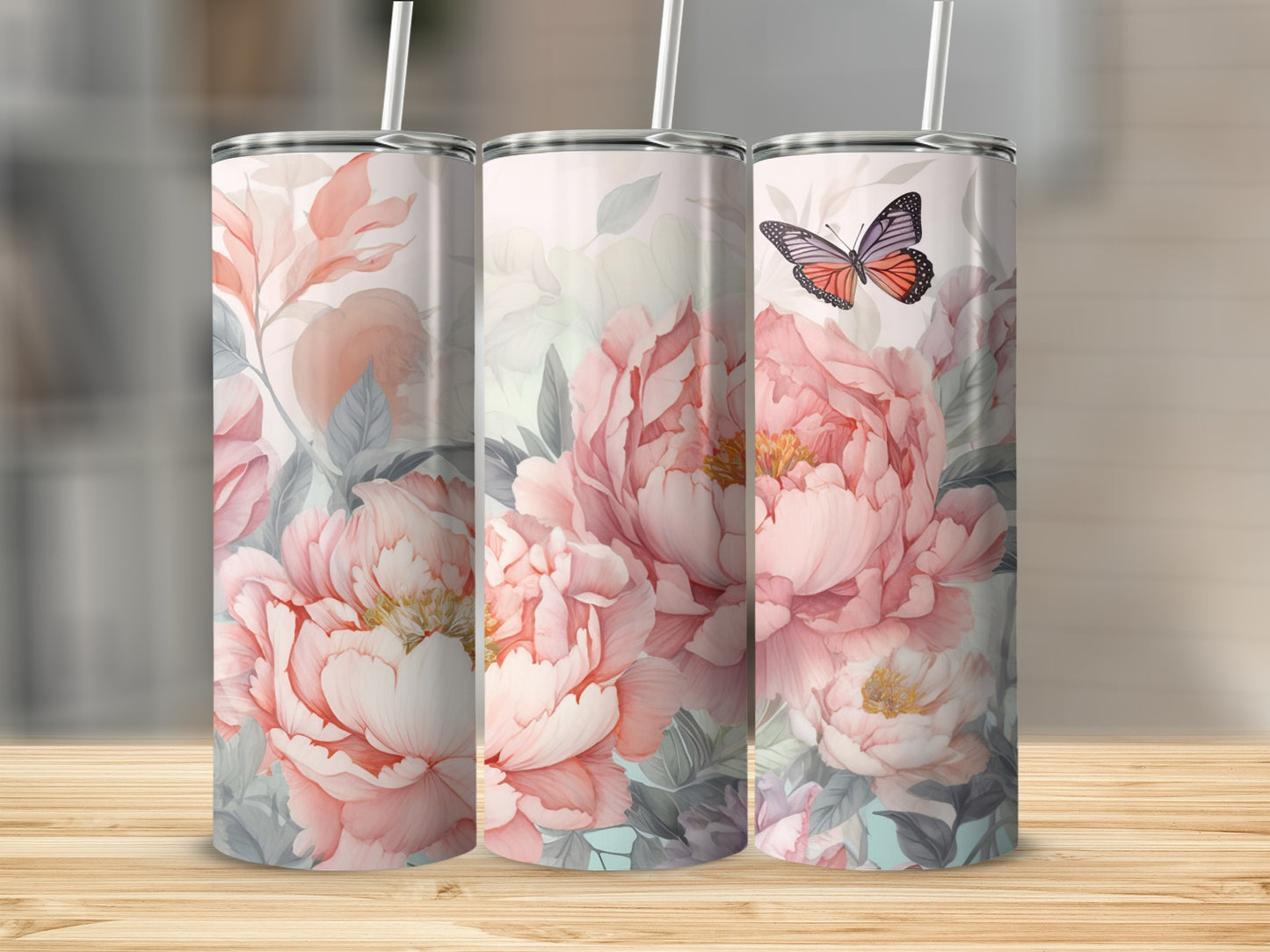 Three tumblers with watercolor peonies and butterfly design.