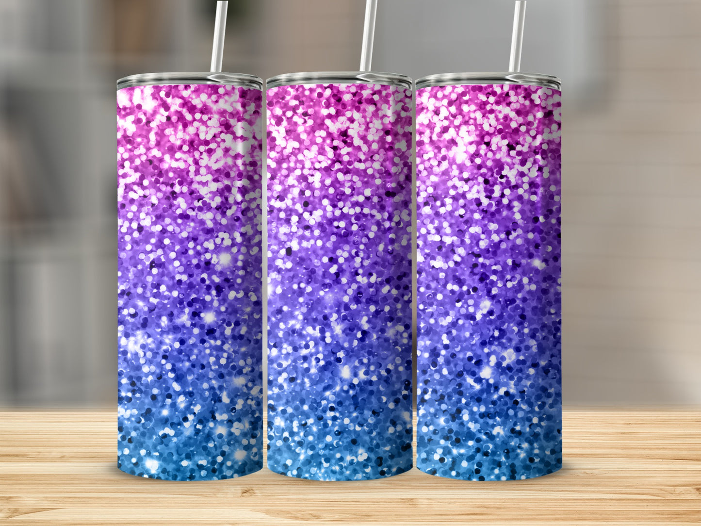 Sparkling Pink and Blue Gradient Tumblers With Straw