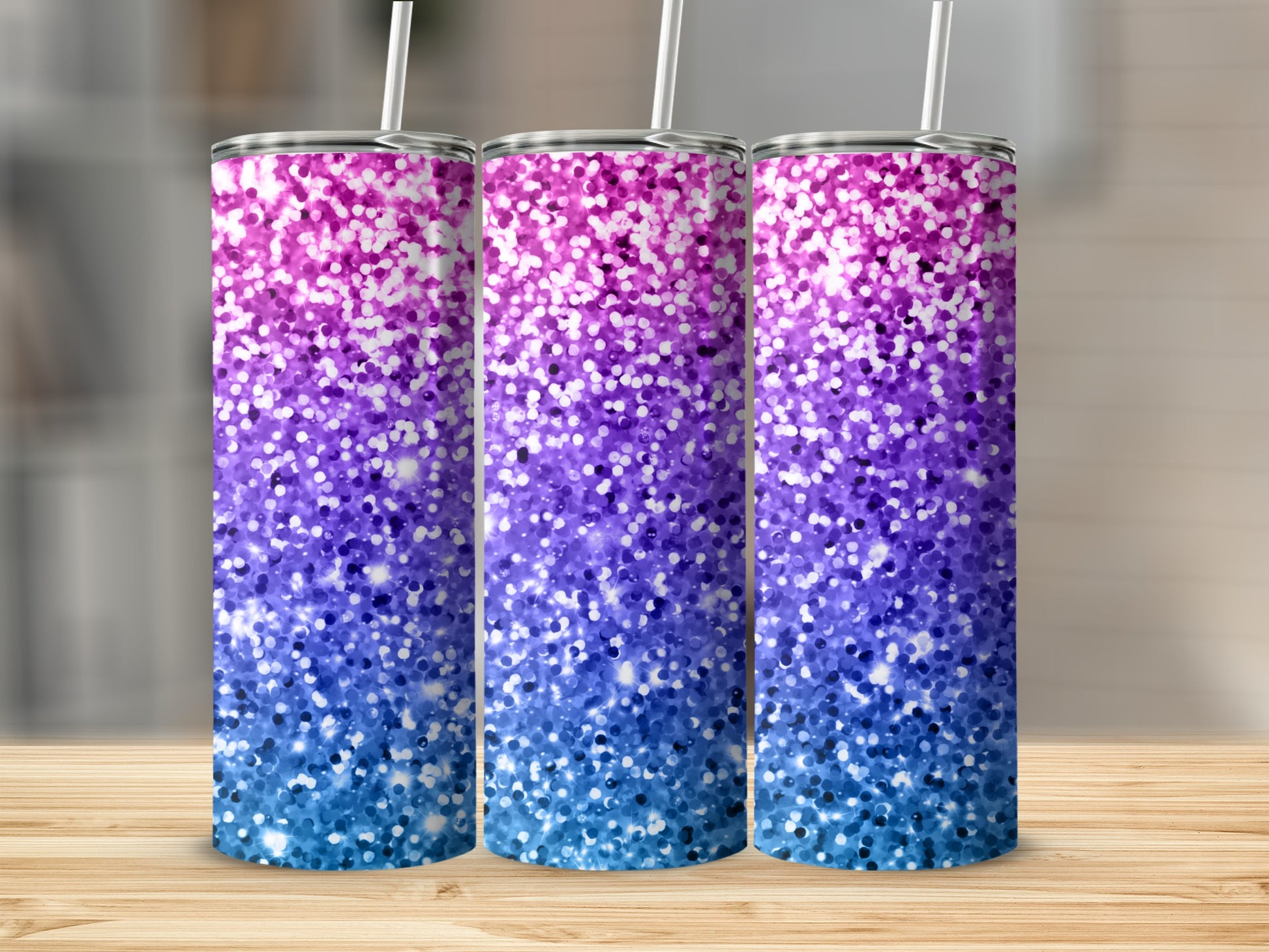 Sparkling Pink and Blue Gradient Tumblers With Straw