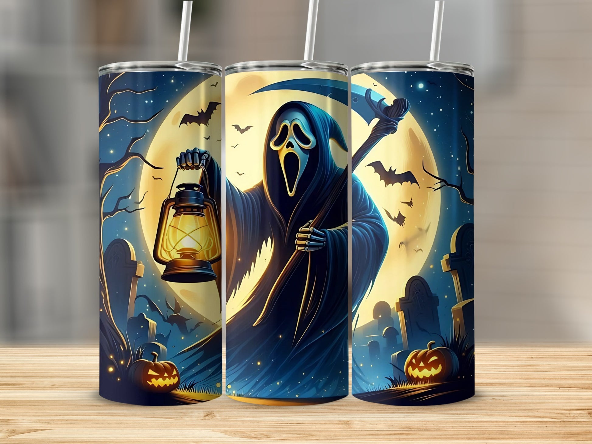 Grim Reaper holding a lantern in a graveyard with jack-o'-lanterns and bats.