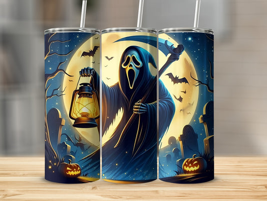 Grim Reaper holding a lantern in a graveyard with jack-o'-lanterns and bats.