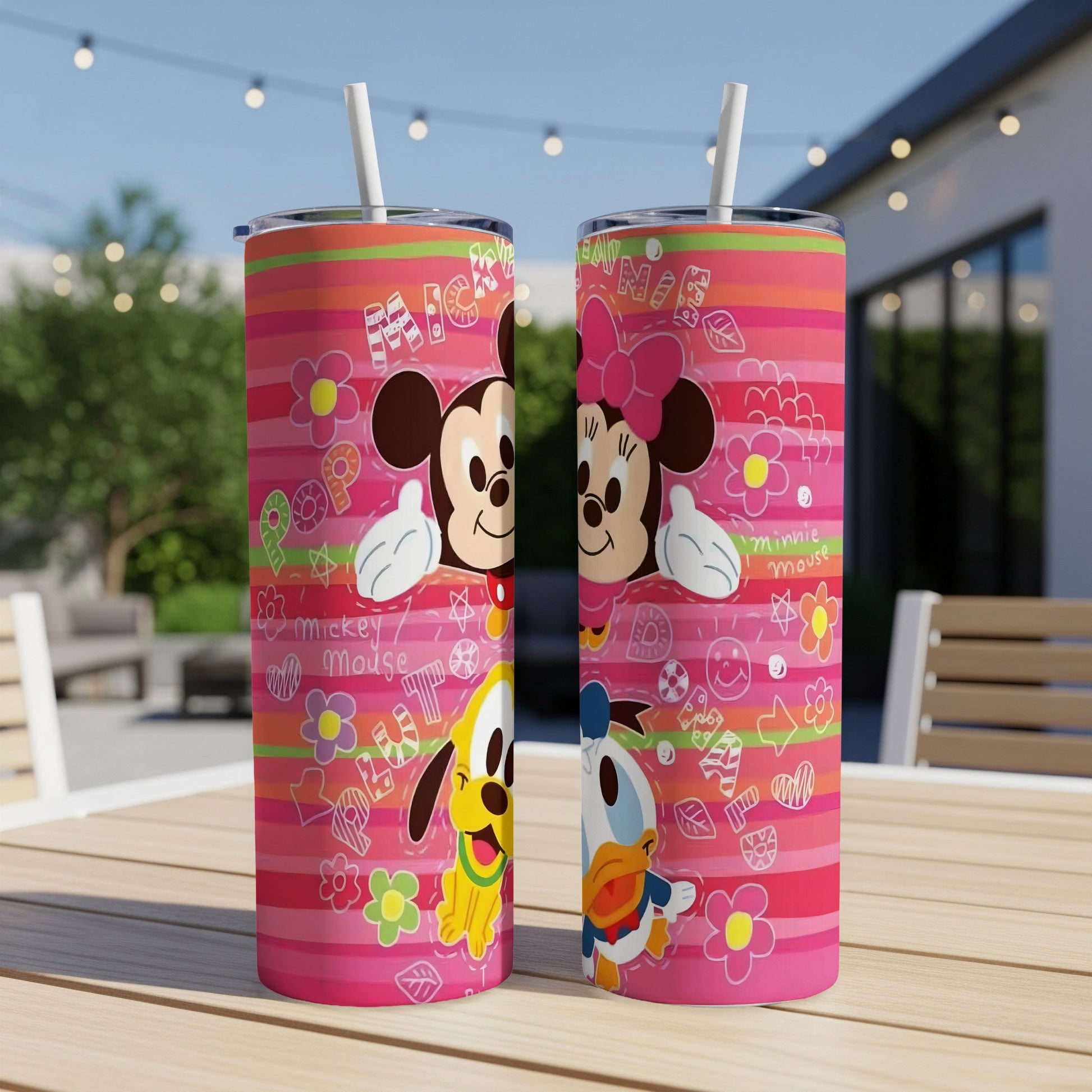Two tumblers featuring Mickey Mouse, Minnie Mouse, Pluto, and Donald Duck on a pink striped background.