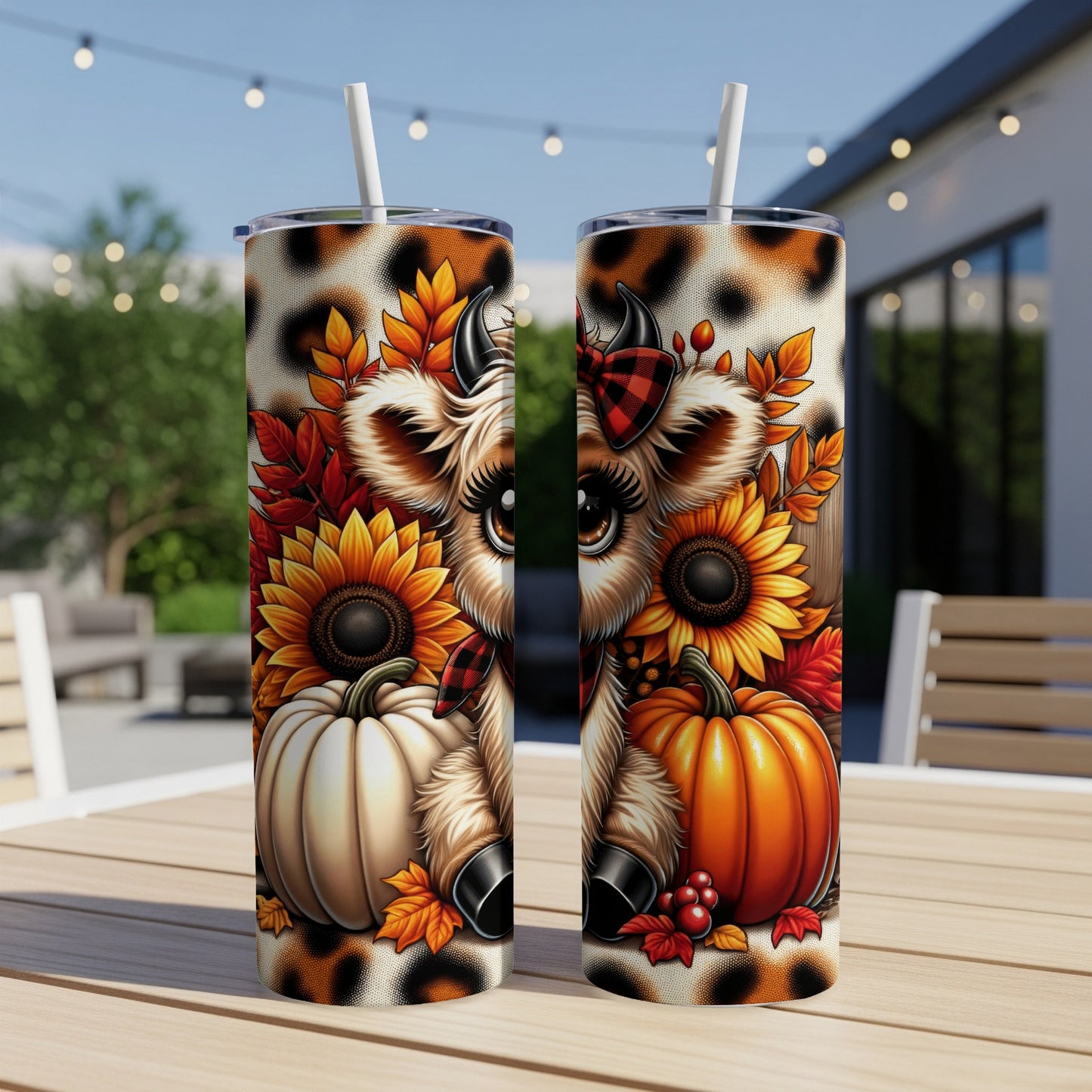 Two tumblers with a cow, pumpkins, sunflowers, and leopard print design.