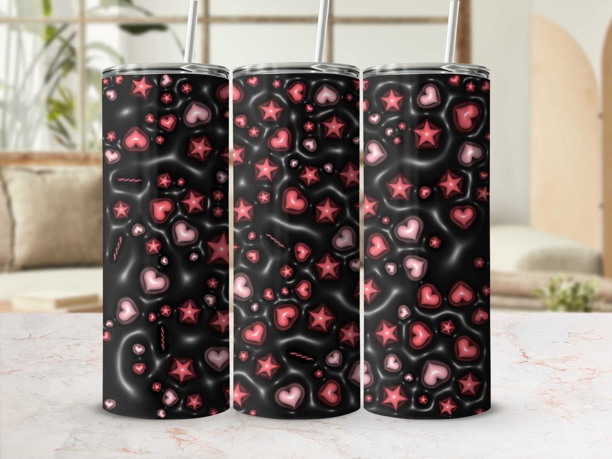 Glossy Black Hearts Stars Pattern Tumbler product type