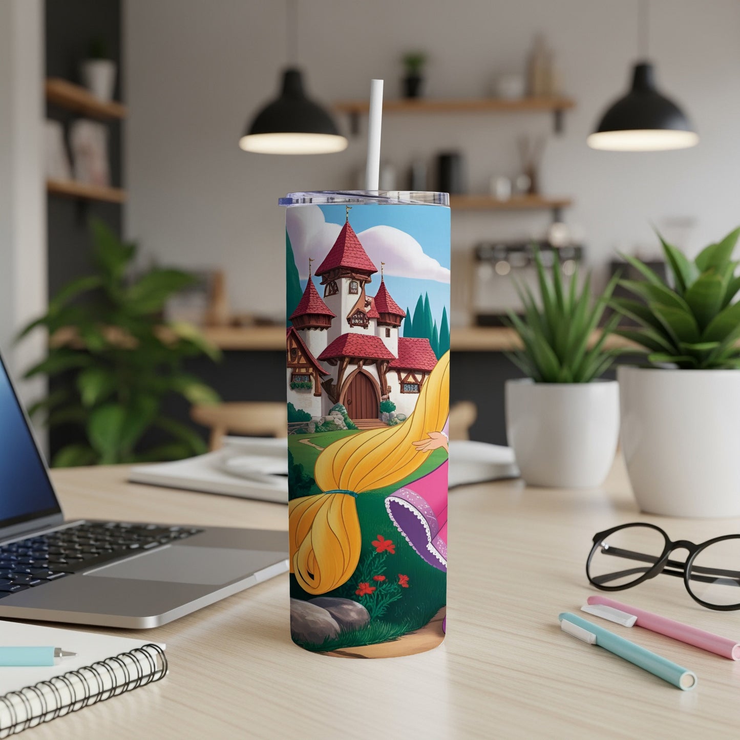 Cartoon castle with blonde-haired princess on a tumbler.