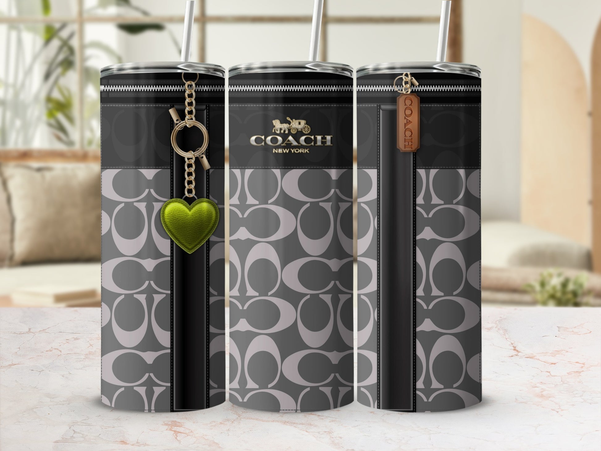 Stylish Gray Patterned Tumblers with Unique Charms