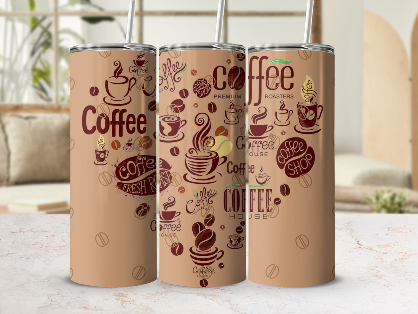 Coffee themed travel tumbler with straw product