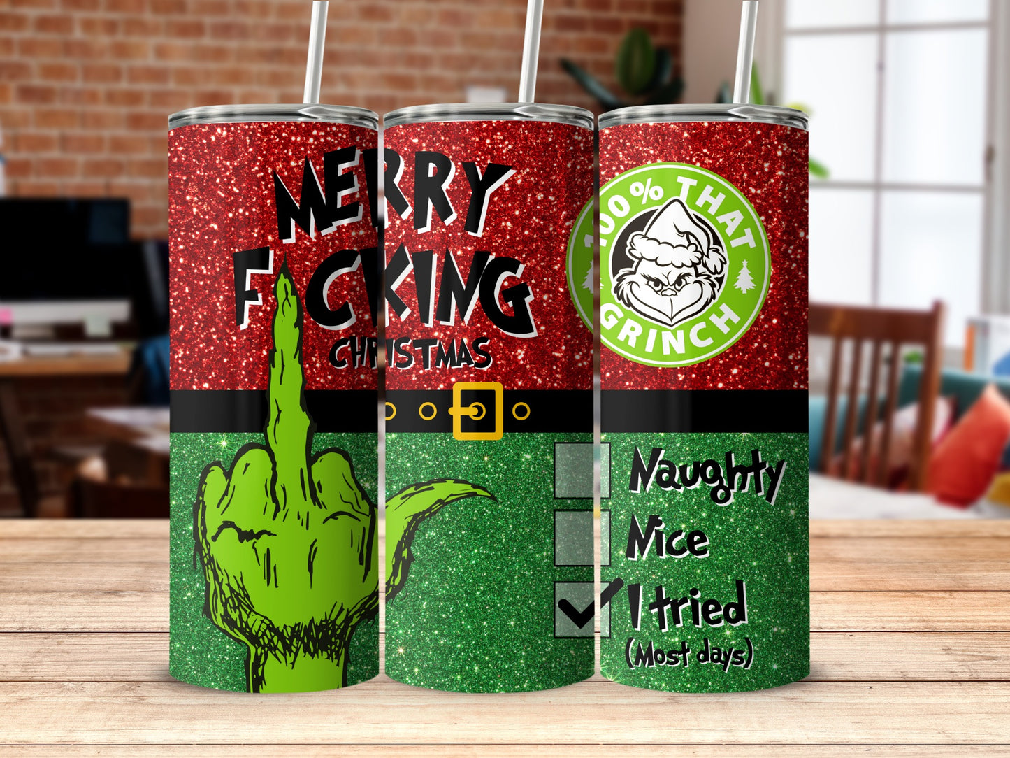 Glittery Christmas tumbler with "F*cking Christmas" and Grinch design.
