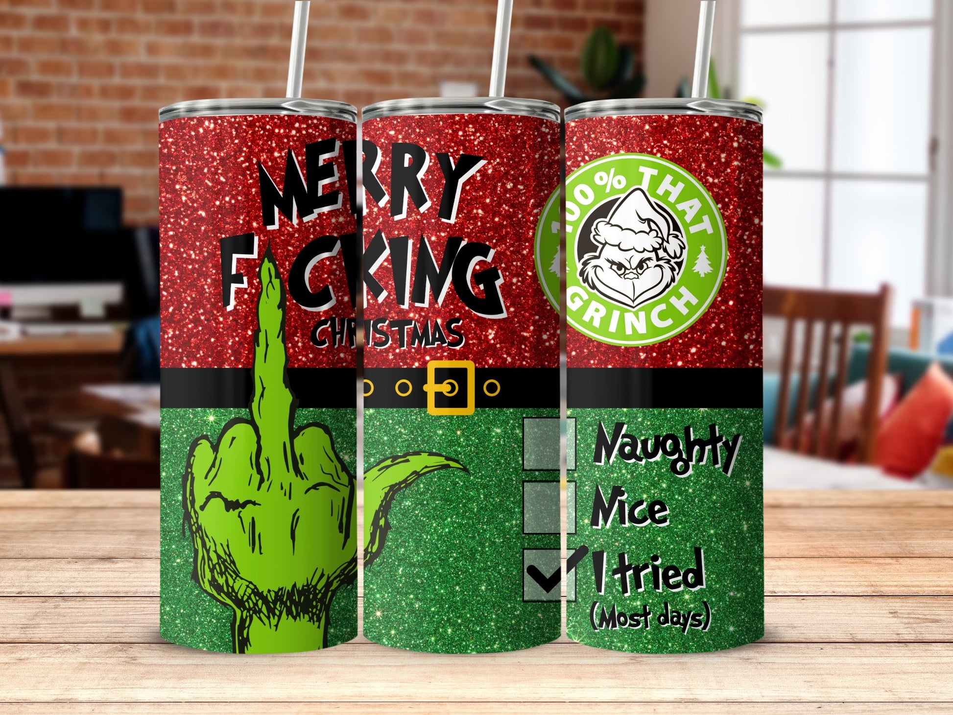 Glittery Christmas tumbler with "F*cking Christmas" and Grinch design.