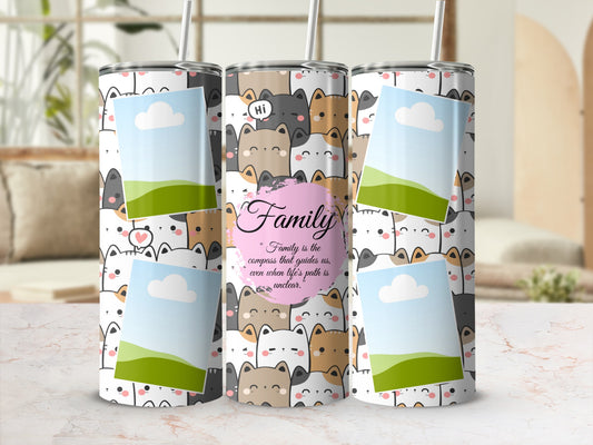 Tumbler with cat pattern, photo frames, and "Family" quote.