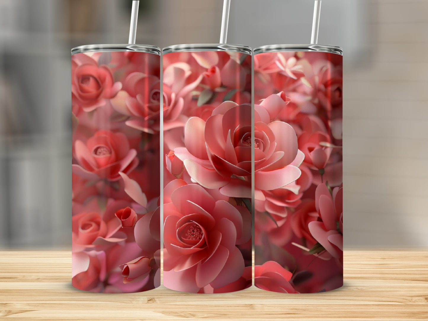 Three tumblers with a realistic pink rose floral pattern.