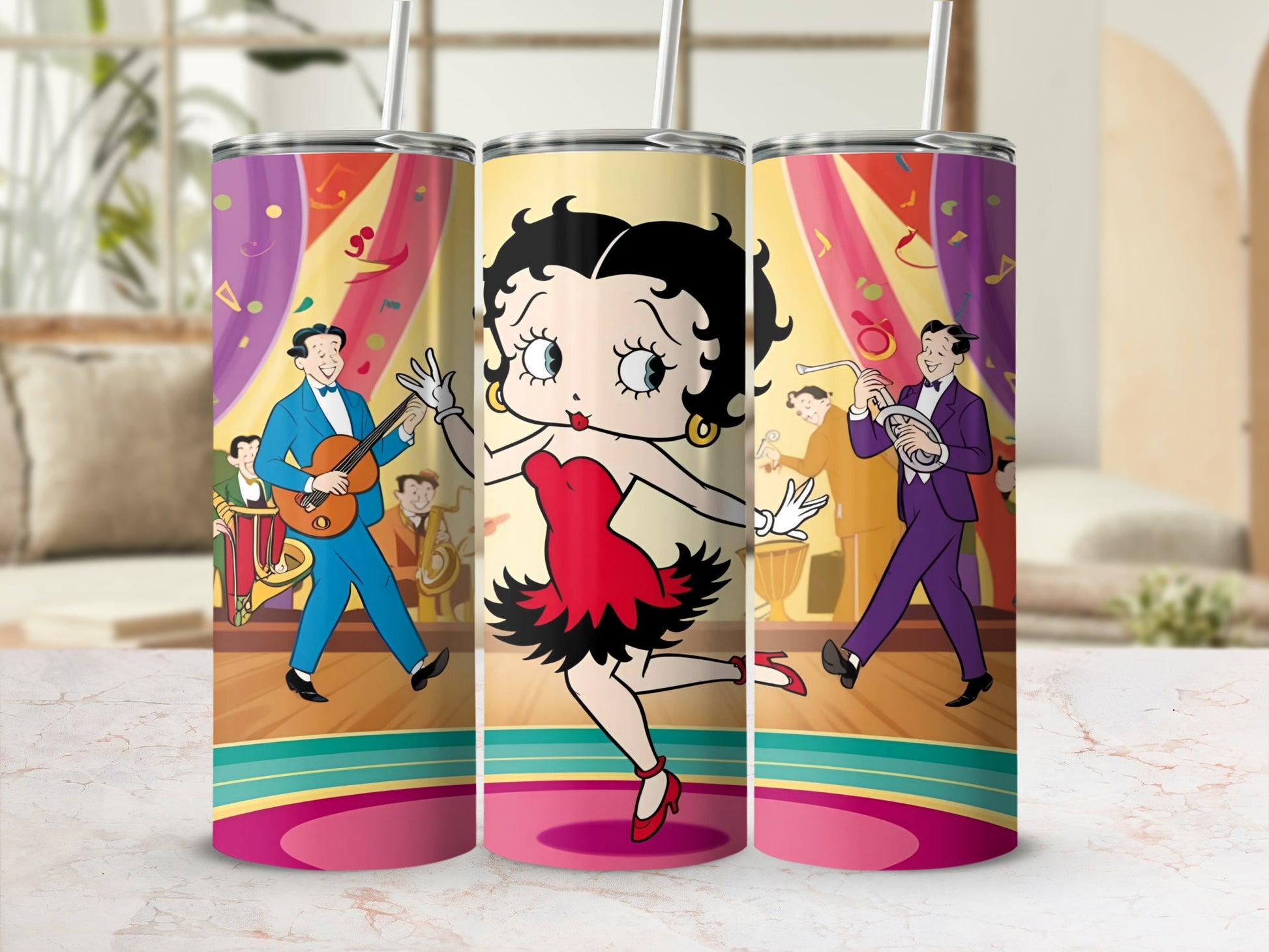 Betty Boop dancing between two musicians on a stage with colorful curtains.