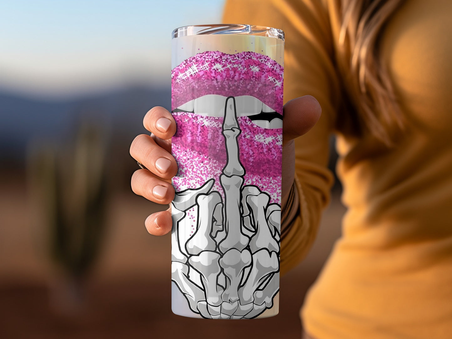 Pink Glitter Lips and Skull Design Tumbler Product