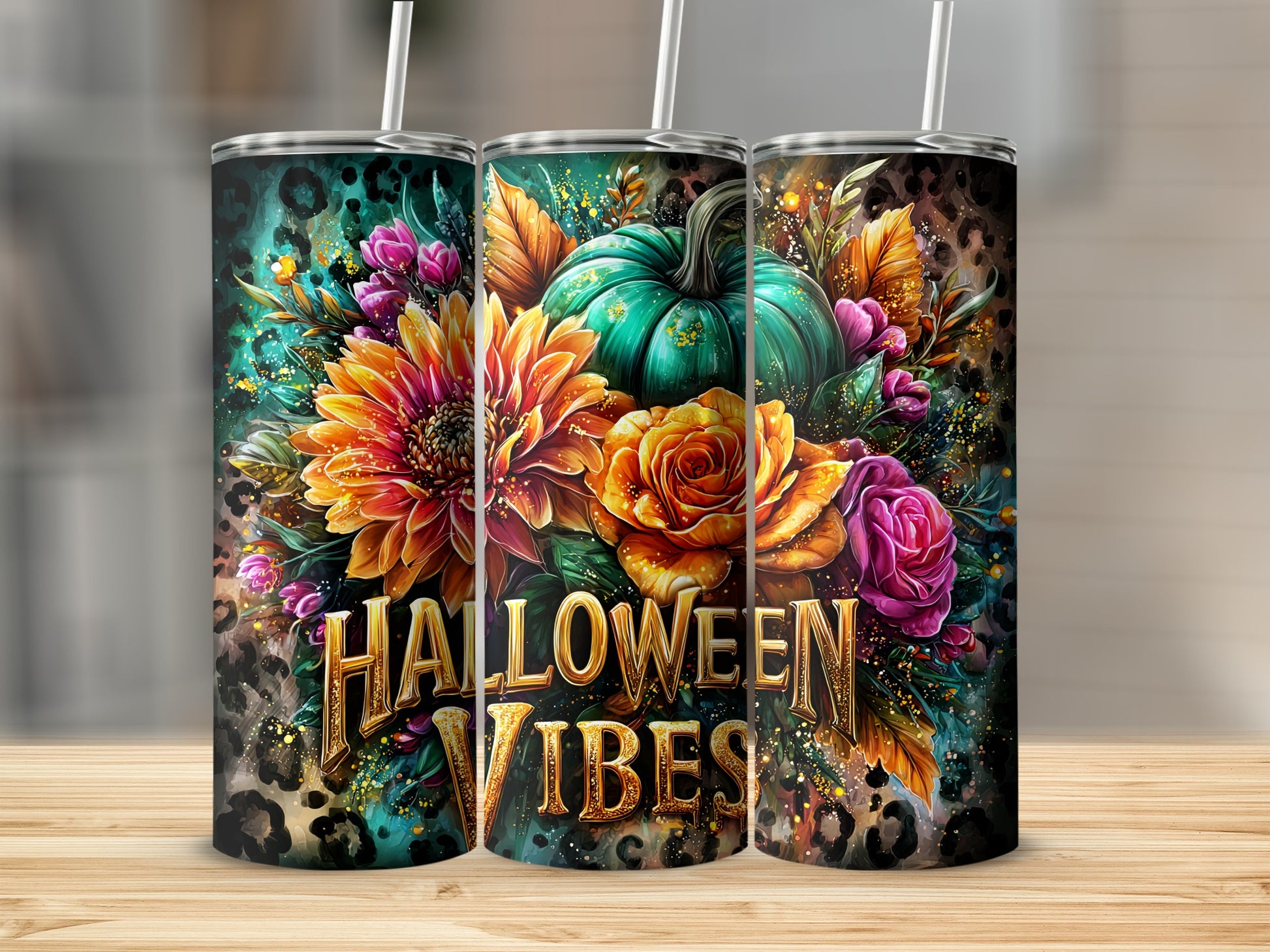 Festive Halloween Vibes Floral Design Tumbler Cup