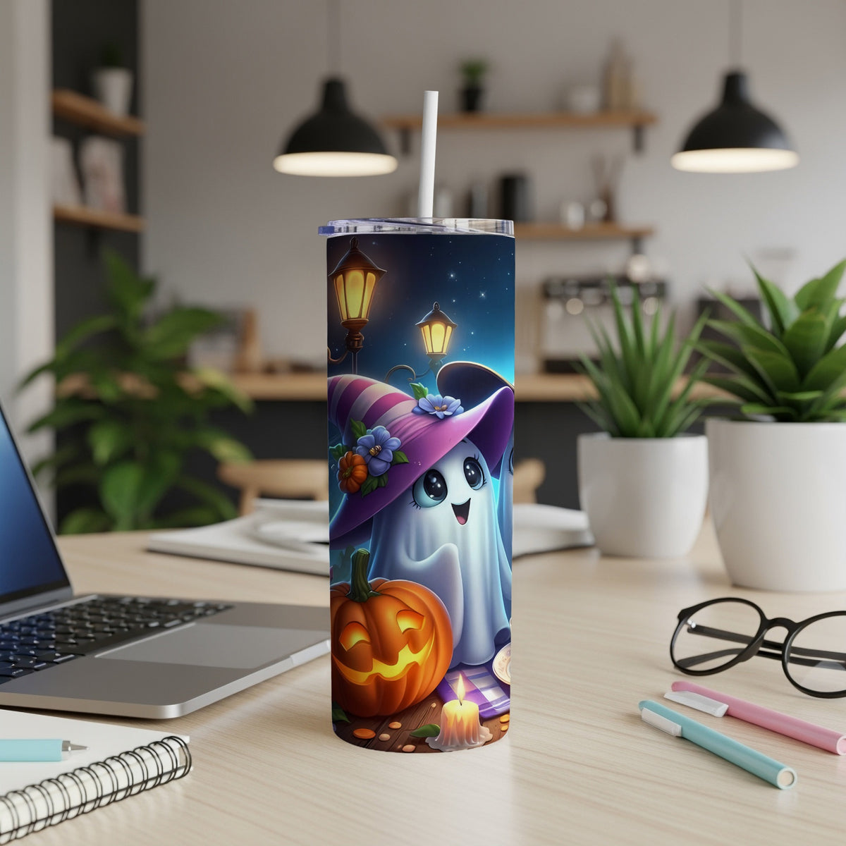 Tumbler with cute ghost, pumpkin, and Halloween night scene.