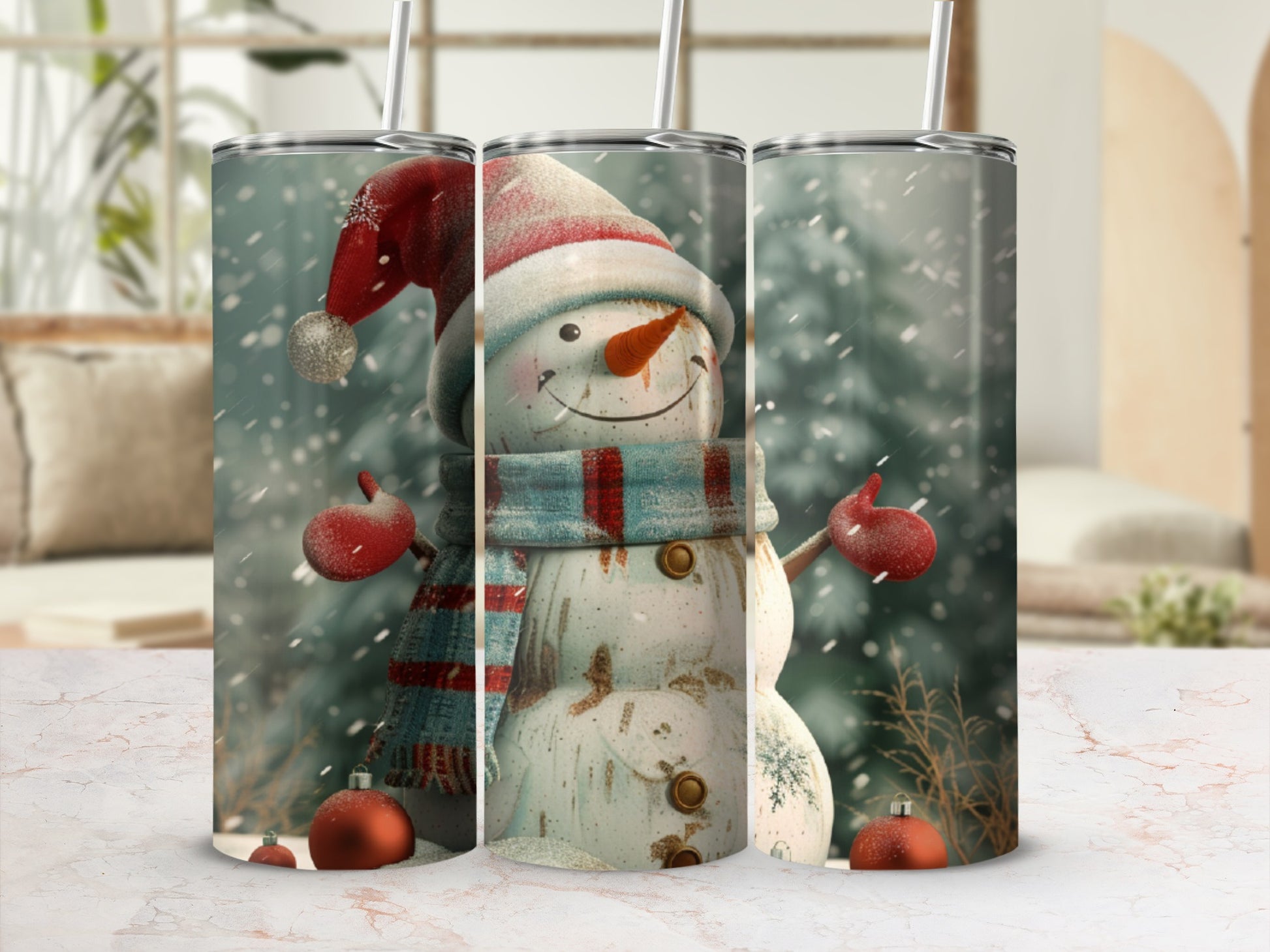 Snowman in a Santa hat and scarf with snowflakes and Christmas trees.