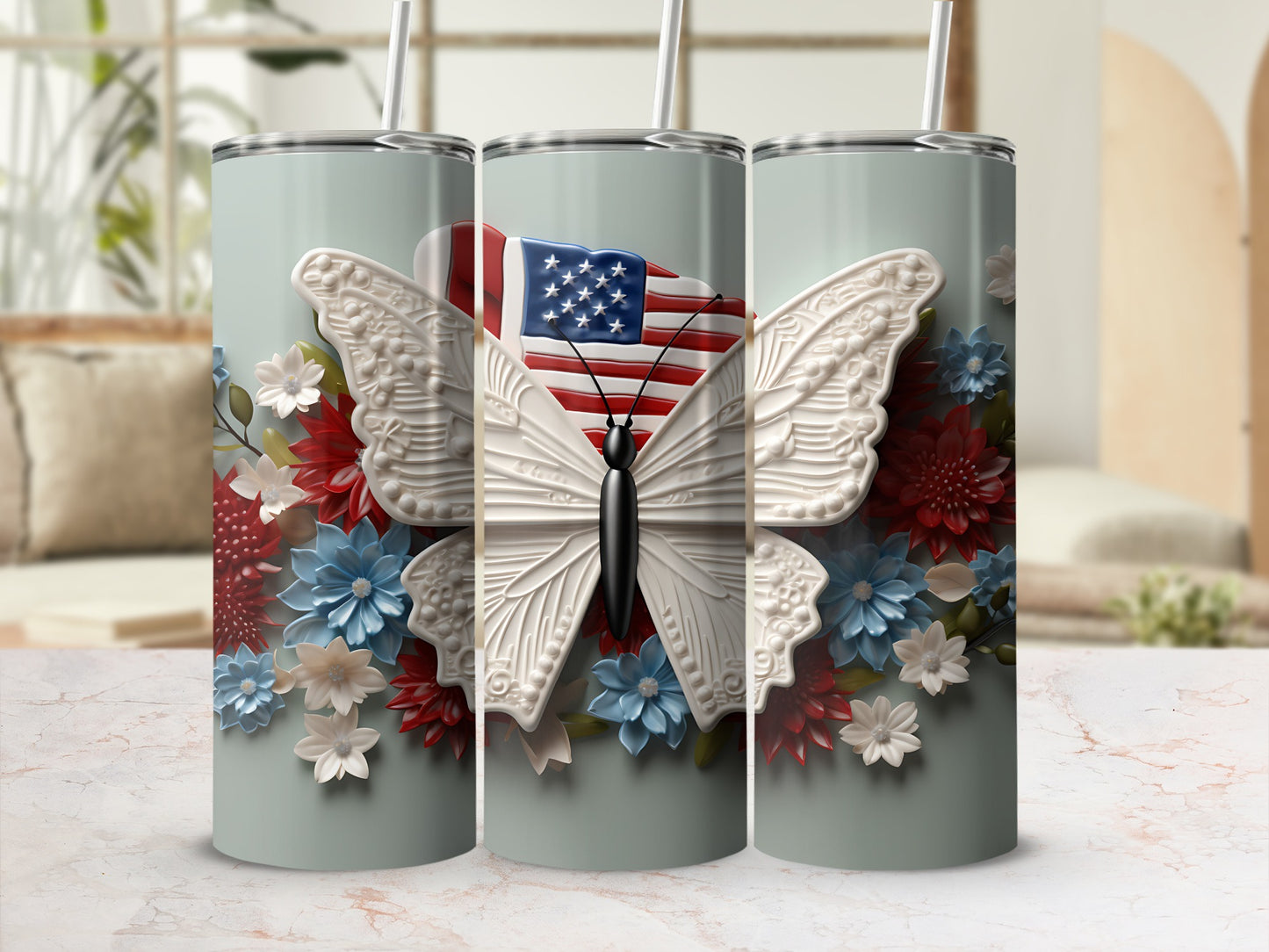 Tumbler with white butterfly and US flag on a floral background.