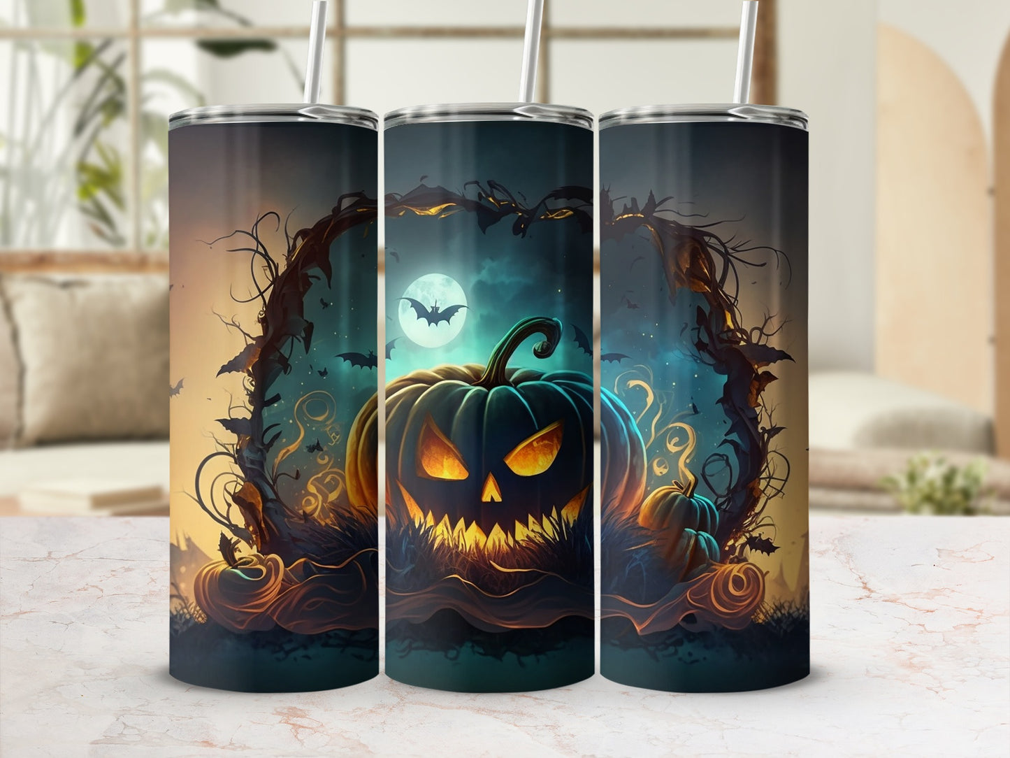 Spooky Pumpkin and Bats Halloween Tumbler Design