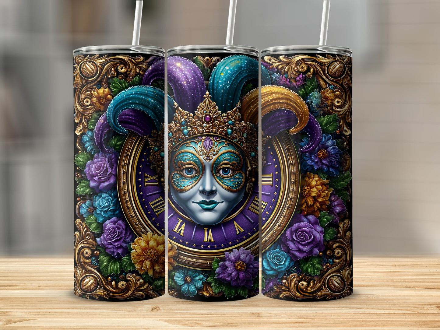 Carnival Mask with Clock Design Tumbler Product
