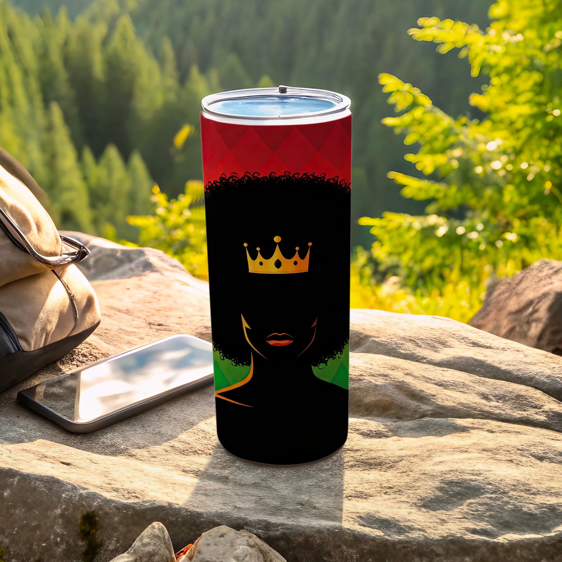 Black tumbler with Afro silhouette, crown, and red textured background.