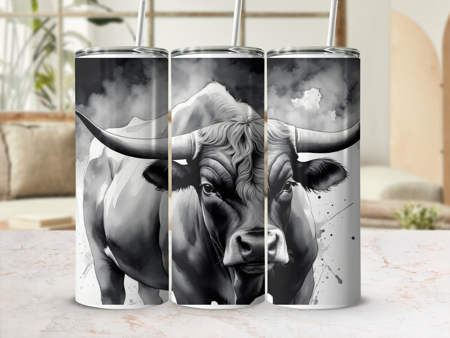 Black and white watercolor painting of a bull on a tumbler.