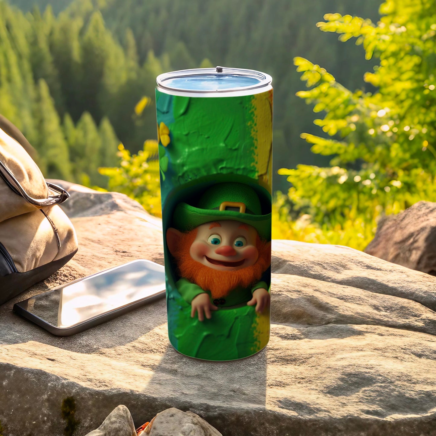 Leprechaun character peeking out of a green shamrock on a green tumbler.