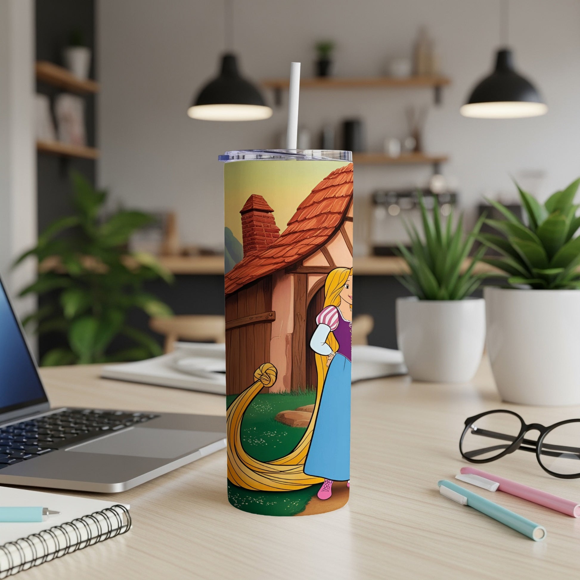 Rapunzel and Pascal on a tumbler with a cottage background.