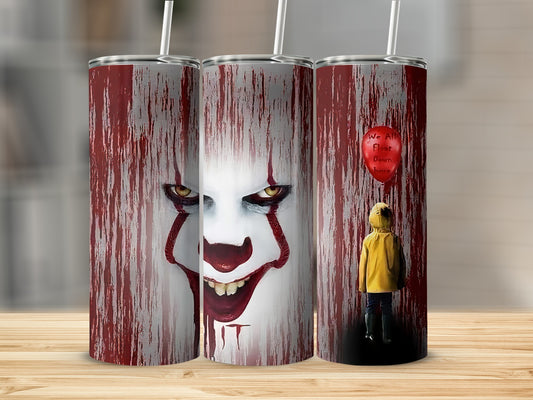 Three tumblers feature Pennywise the clown and Georgie Denbrough from IT.