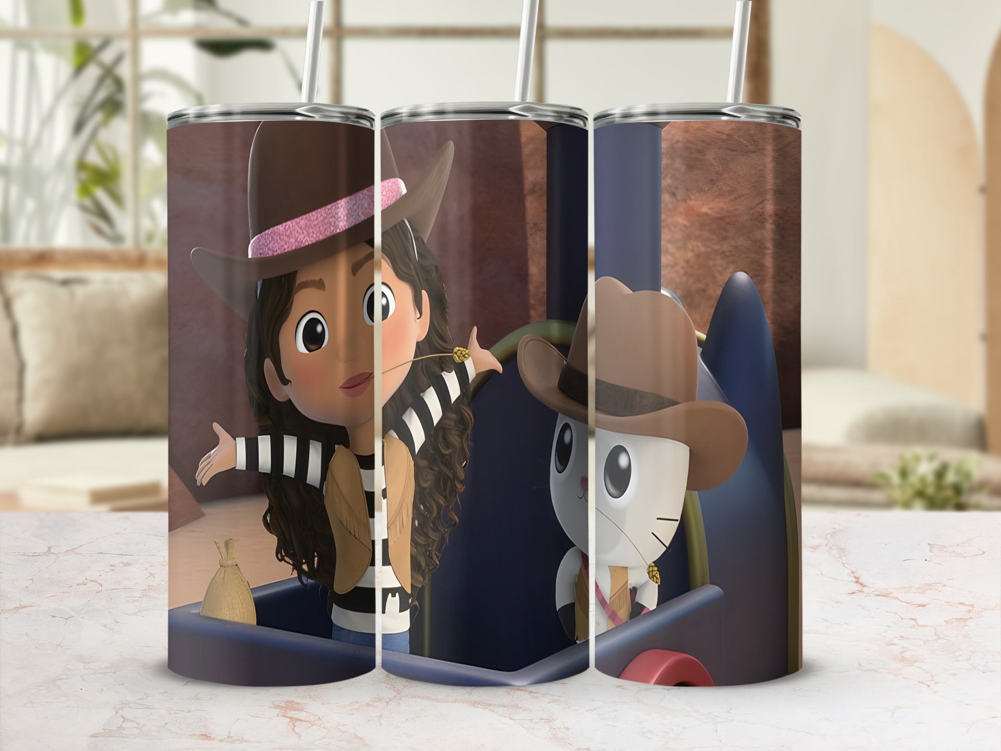Cartoon girl and cat in cowboy hats on a train.