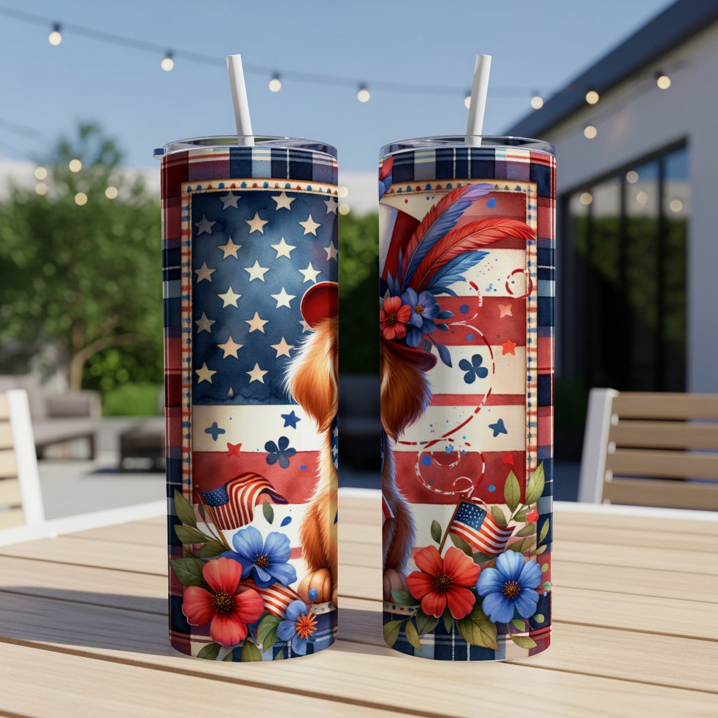 Two patriotic tumblers with stars, stripes, and a red, white, and blue floral design.