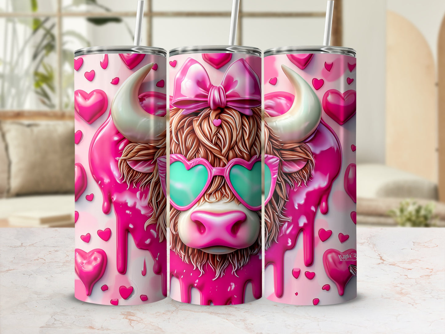 Pink cow tumbler with hearts, sunglasses, and bow design.